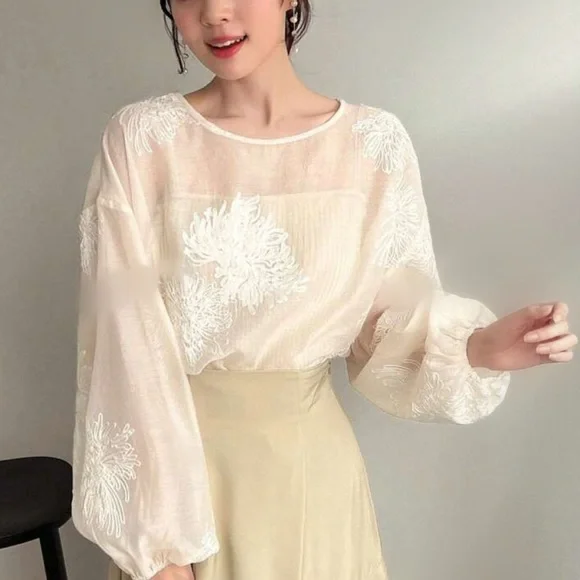 Embroidered floral print semi sheer puff sleeve blouse - Picture 5 of 5